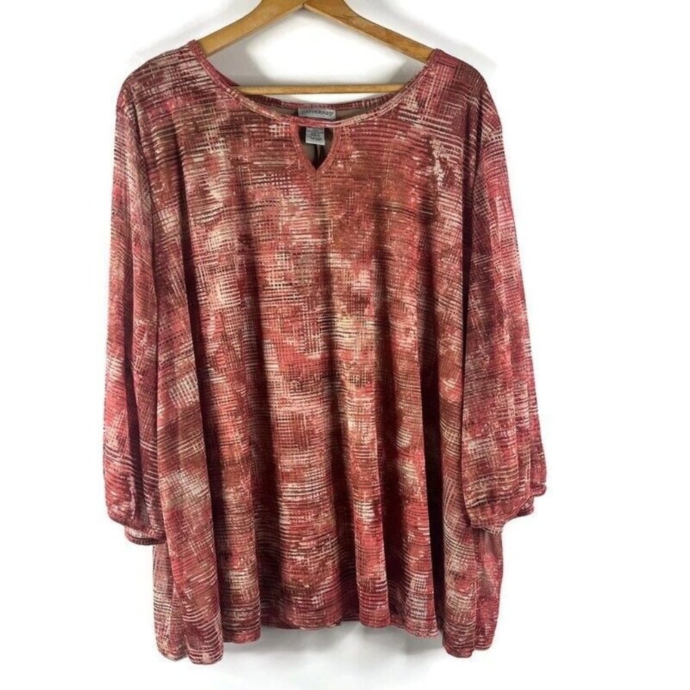 Catherines Womens Pink Top Blouse Size 3X Keyhole Neckline 3/4 Sleeve Geometric